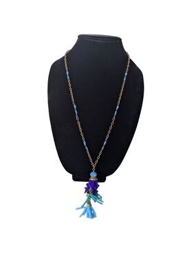 Boho Chic Gold Chain Necklace with Blue & Purple Tassel Pendant Handmade